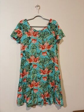 Tropical Floral Aqua Short-Sleeve  Dress